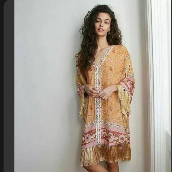 Spell Yellow and Pink Tiered Sundress with Bell Sleeves - Picture 1 of 12
